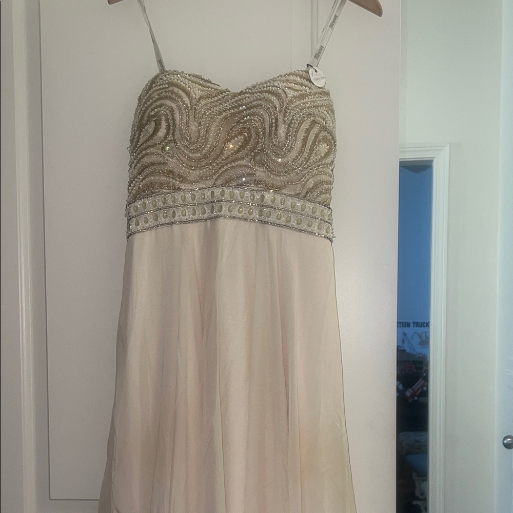 Tony Bowls Strapless Cream and Gold Dress